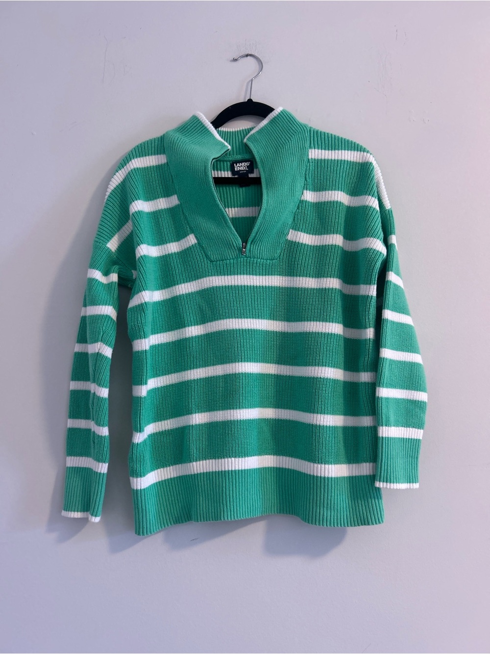 100% Cotton Medium Tall Lands' End Women’s Green & White Striped Half-Zip Sweate